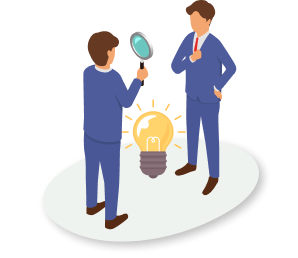 虫眼鏡を持った男性とこぶしを胸に当てている男性のイラスト